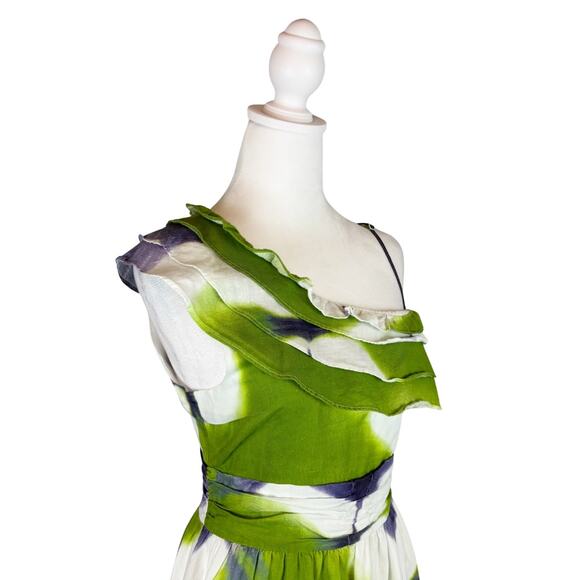 Busayo Collective One Shoulder Tie Dye Tiered Maxi Dress 10 Green - Picture 5 of 10